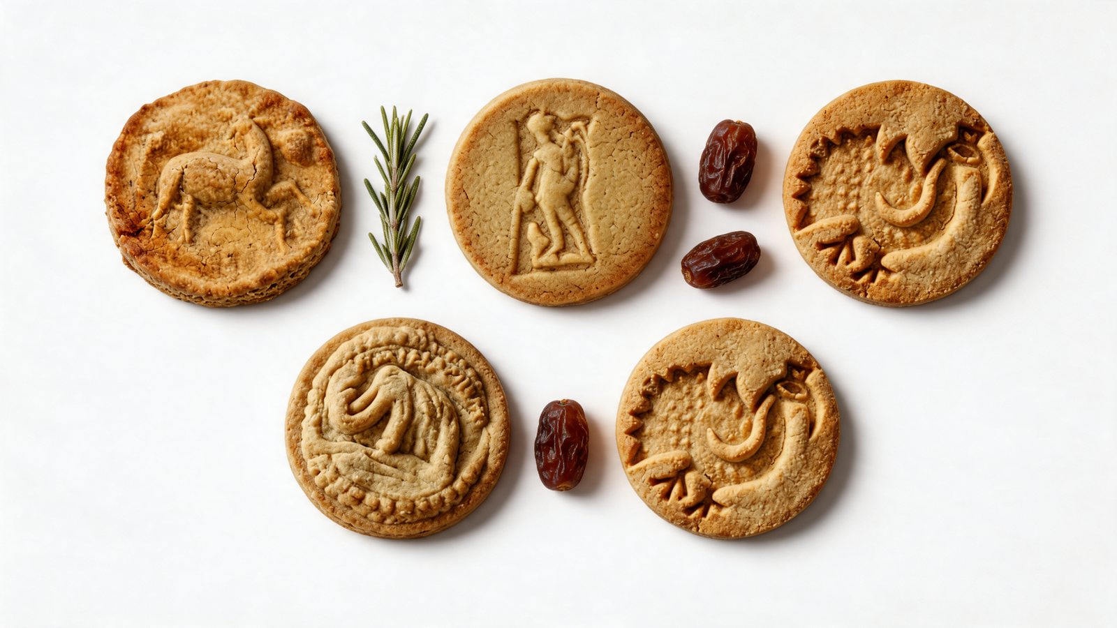 Finished Amulum product shot: five embossed Roman-motif cookies with rosemary and dates on white